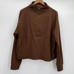 Varley Sweatshirt Womens Large Brown Fleece 1/2 Zip Mock Neck Thumbholes Top